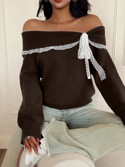 Lace Bow Off Shoulder Sweater