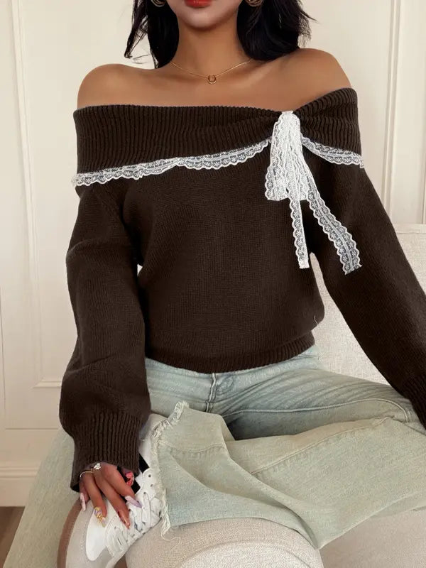 Lace Bow Off Shoulder Sweater