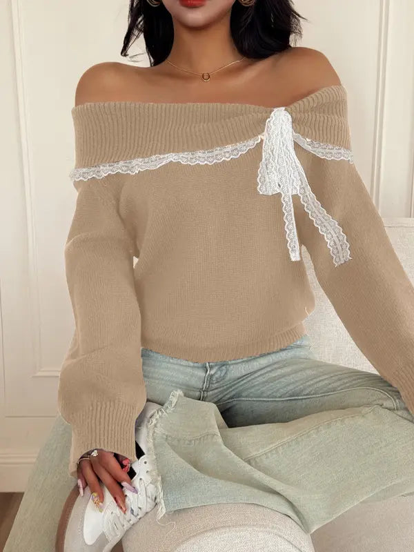 Lace Bow Off Shoulder Sweater