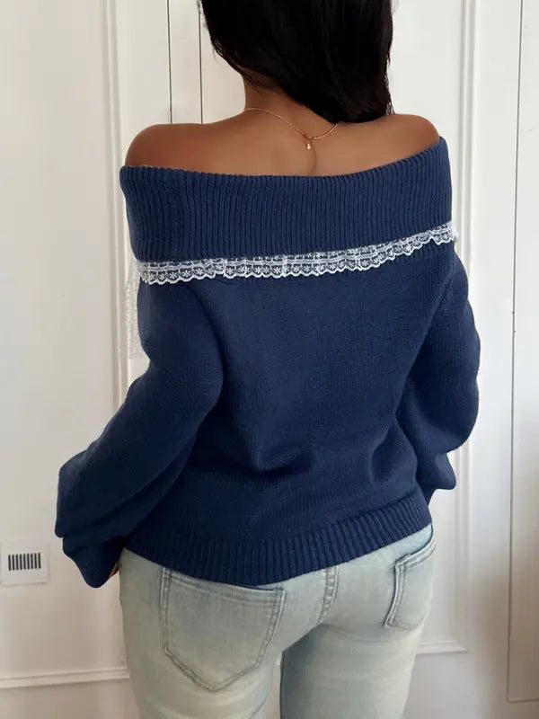 Lace Bow Off Shoulder Sweater